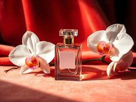 A perfume bottle and two orchid flowers on a red cloth photo