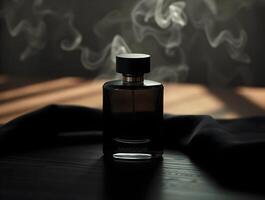 A bottle of perfume sitting on a table with smoke coming out of it photo