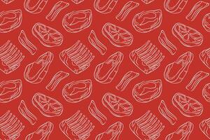 Seamless pattern of line art style steak, bacon, ribs and meat cut on red background. Perfect for butcher shop, kitchen wallpaper, food package, grill or barbecue menu design. vector