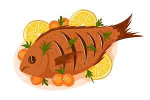 Grilled fish with lemon and herbs vector