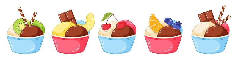Colorful ice cream bowls with toppings vector