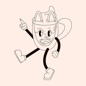 Groovy character cat in the form of a cup in gloves in line art style. Retro illustration isolated on a light background. vector