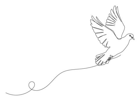 An elegant line drawing of a flying dove made in a continuous one-line art style. A symbol of peace, hope, freedom, and spirituality. vector