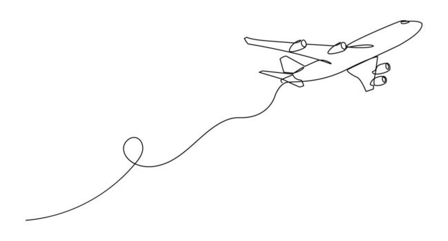 A minimalist continuous line drawing of an airplane, symbolizing travel, freedom, flight, and exploration. vector