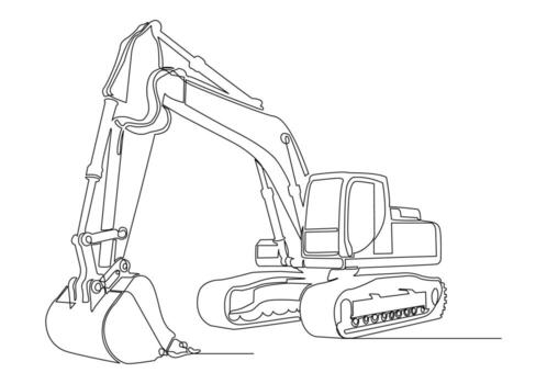 An excavator illustration in continuous line style. Ideal for construction-themed designs, engineering diagrams, industrial manuals, and architectural projects. vector