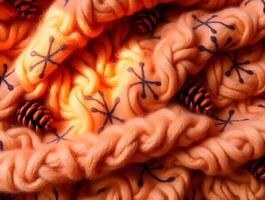 Warm Peach Knit Texture with Pine Cones Cozy Autumn Background photo