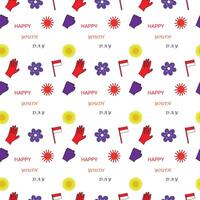Colorful Seamless Youth Day Pattern with Hands, Flowers, Flags, and Sun Icons. vector