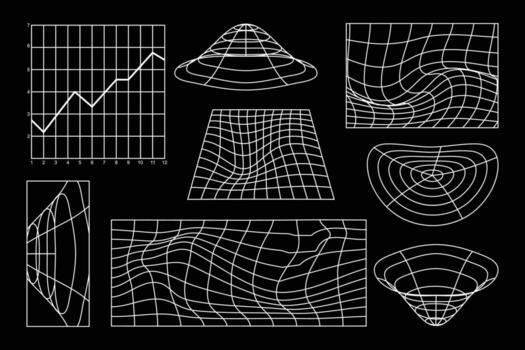 futurista estructura metálica cuadrícula colocar, cyberpunk hud malla superficies, datos visualización, y 3d interfaz elementos vector