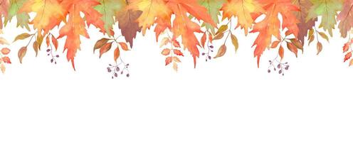 Seamless Watercolor border with maple leaves, berries. Autumn background. For greeting cards, invitations. vector