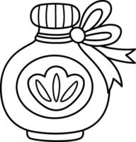 black and white marine bottle with magic potion. Witchcraft element with sea shell, bow. Mermaid glass jar icon. Underwater princess liquid elixir line illustration, coloring page for kids vector