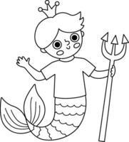 Fairy tale black and white mermaid boy with trident. Fantasy fish man. Fairytale sea prince. Treasure island, pirate adventure line icon. Cute underwater king coloring page vector