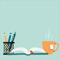 Books set in flat design style, Flat illustration with hot tea cup and pencils vector