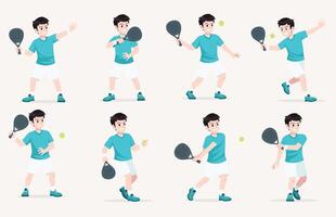 Boy playing tennis in different poses vector