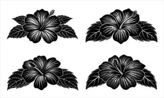 Black Hibiscus Flower Silhouette with Leaves Elegant Tropical Design vector