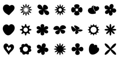 Set of Black Icons Hearts and Flowers in Minimal Style vector