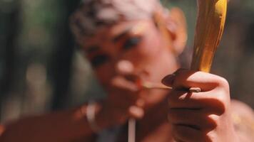 Close-up of a Traditional Archer Holding a Bow video