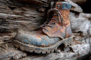 An old, dirty, worn out boot is sitting on a wooden surface photo