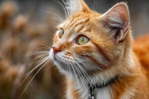An orange cat with green eyes looking up photo