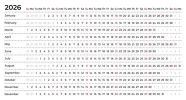 Linear calendar for 2026. Horizontal, week starts on Sunday, English, black and white. vector
