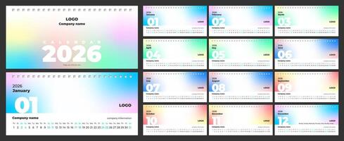 Desktop calendar for 2026. Template for branded souvenirs, copy space, soft, blurred gradient background. Set of 12 pages and cover. Horizontal, 210x100mm, English. vector