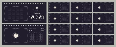 Desktop flip calendar for 2026 in art deco style. Template for branded souvenirs, copy space. Set of 12 pages and cover. Horizontal, 210x100mm, English. vector