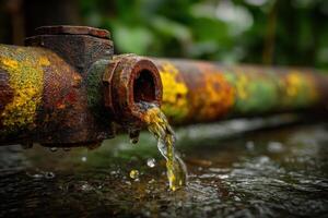 A rusty pipe with water flowing out of it photo