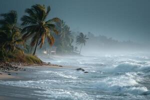 A beach with palm trees and waves on a stormy day photo