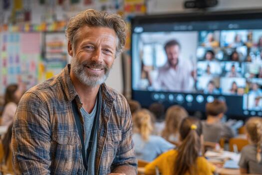 A man in a classroom with a screen photo