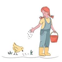 Colorful illustration of a girl feeding hen isolated on white. Hand drawn illustration. Bright, organic design for local farm, urban homesteading, fresh food, and countryside life vector