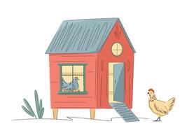 Colorful chicken coops with hen isolated on white. Hand drawn illustration. Bright, organic design for local farm, urban homesteading, fresh food, and countryside life vector
