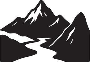 Serene Black and White Illustration of Majestic Mountains and a Winding River, Evoking a Sense of Tranquility and Adventure vector