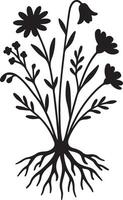 Serene Black Silhouette of Wildflowers with Deep Roots, Flourishing in a Peaceful Setting - Professional digital artwork with vibrant colors and detailed composition vector