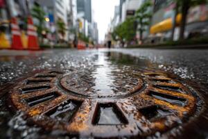 A manhole cover on the street with water on it photo