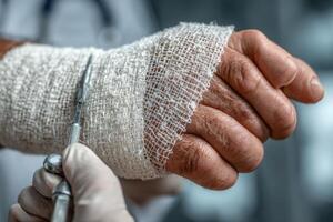 A doctor holding a bandage on a hand photo