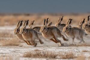 A group of rabbits running across a field photo