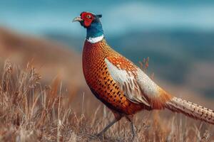 A pheasant is standing in a field photo