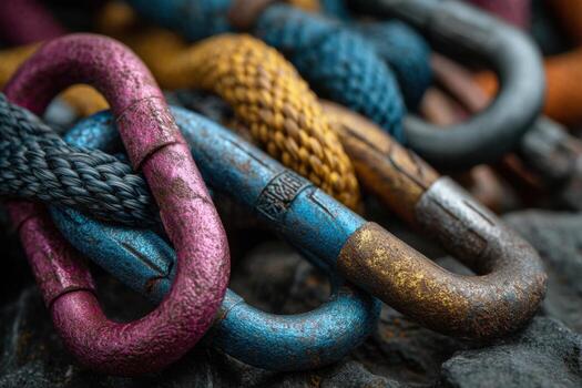 Colorful rope and chain links on a rock photo