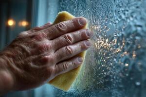 A person cleaning a window with a sponge photo