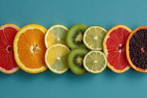 A group of sliced citrus fruits arranged in a row photo