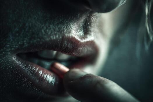 A close up of a person putting a pill into their mouth photo