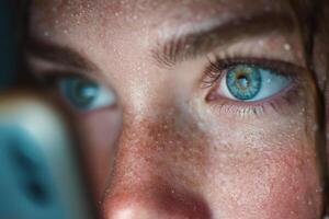 A woman with freckles looking at her phone photo