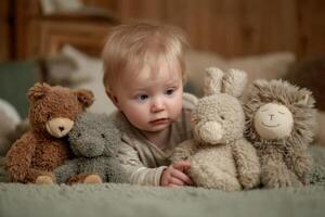 A baby is laying on the floor with four teddy bears photo