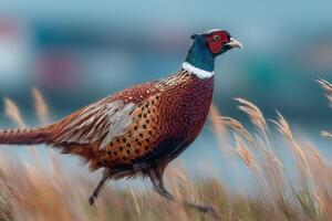 A pheasant walking through tall grass photo