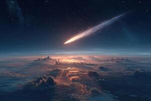 A comet is seen in the sky above clouds photo
