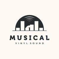 Music City Vintage logo minimalist illustration design, Vinyl with Vinyl and Skyline Symbol design vector