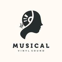Musical Vintage Logo with Female Head and Vinyl Sound Design, female silhouette with integrated vinyl sound elements and audio wave Symbol Design vector
