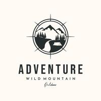 mountain compass vintage logo veminimalist illustration design, adventure mountain view symbol design vector