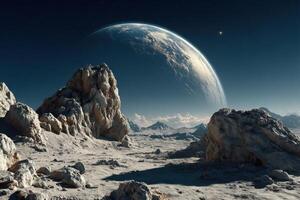 An alien landscape with rocks and mountains photo