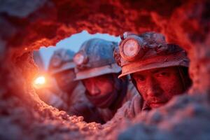 A group of men in helmets looking through a hole photo