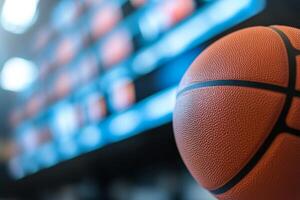 Basketball in focus with blurred scoreboard in background during an intense game photo